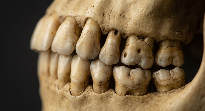 Close-up of human teeth and jawbone with decay and missing teeth