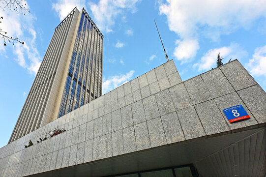 Warsaw, Poland, Europe - 04.2026 : CH8 Tower at Chałubińskiego street number 8, office skyscraper known also as Intraco II or Oxford Tower, city center near Warszawa Centralna railway station