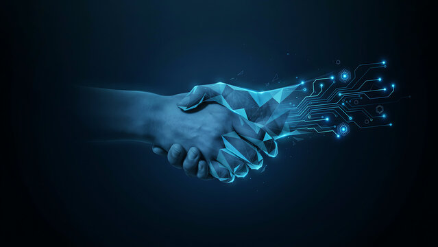A human hand shaking a digital robotic hand with glowing circuit patterns, representing a partnership between humans and technology