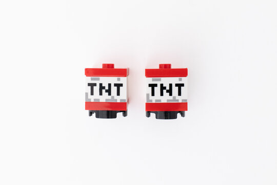 Lego Minecraft TNT blocks shot isolated on a white background with room for copy space. Bradford, UK Oct 2 2026