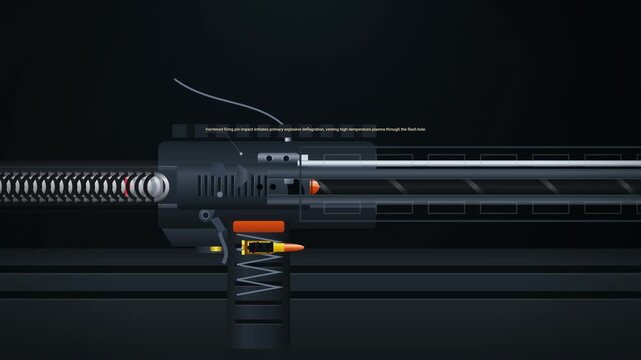 3D animation detailing the internal mechanics of a gas operated firearm reloading cycle showing gas expansion bolt carrier movement and cartridge ejection