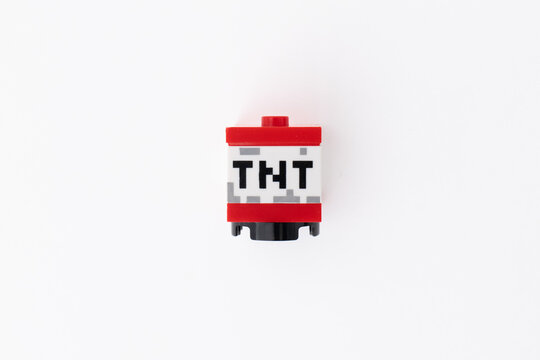 Lego Minecraft TNT block shot isolated on a white background with room for copy space. Bradford, UK Oct 2 2026