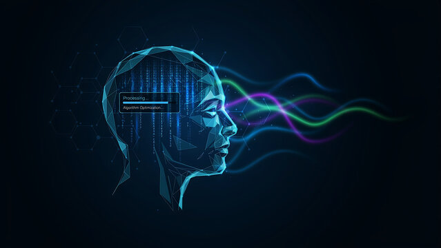 A digital human head silhouette with a loading bar and colorful glowing waves, representing artificial intelligence and data processing