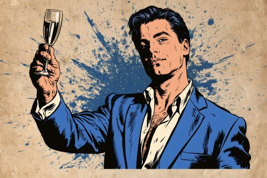 Man in pop art style celebrating with champagne