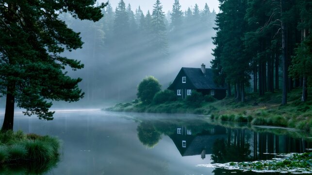 Forest cabin on lake shore with mist and sunbeams