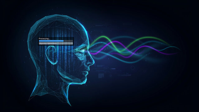 A digital human head silhouette with a loading bar and colorful glowing waves, representing artificial intelligence and data processing