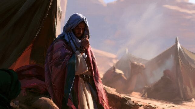 Bedouin man contemplating in desert camp with camels