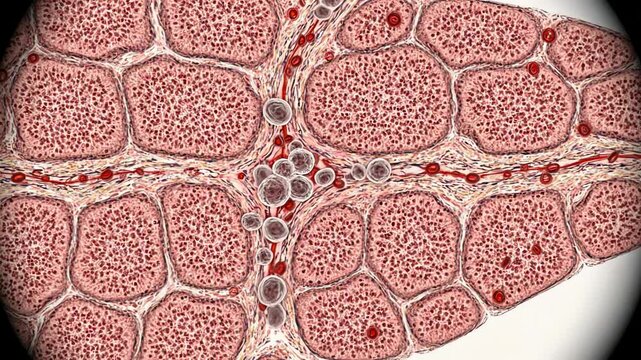 Autoimmune-related inflammation affecting liver tissue, showing immune cells interacting with hepatocytes near the hepatic sinusoids