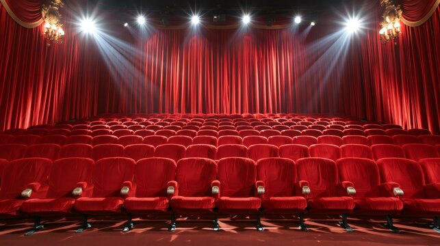 Empty theater stage with red curtains and spotlights