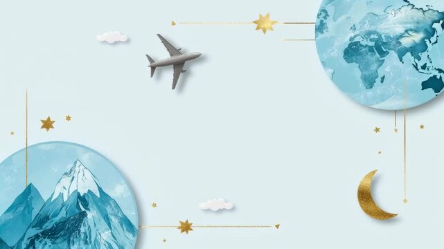Airplane Mountain Globe Crescent Moon Travel Adventure Dreamy Landscape Illustration