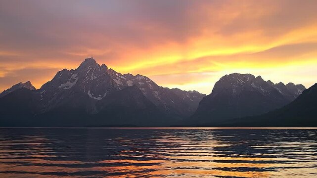 Stunning golden hour sunrise reflecting over calm grand teton mountain range and lake water.