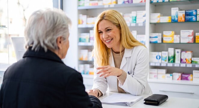 Friendly Pharmacist Advising Elderly Patient at Local Pharmacy