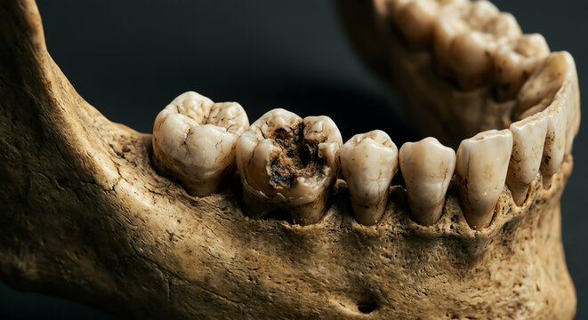 Decayed Human Teeth in Jawbone, Close-up