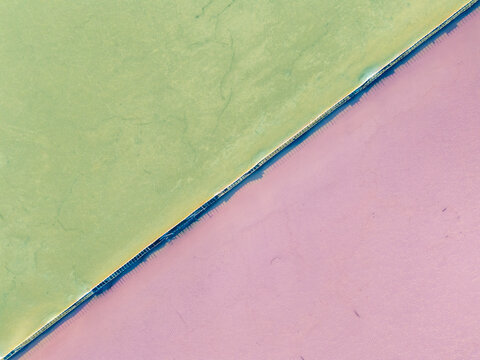 Aerial view of the colorful salt ponds at Bedwell Bayfront Park, showing a diagonal division between green and pink water separated by a levee in Menlo Park, California, United States.