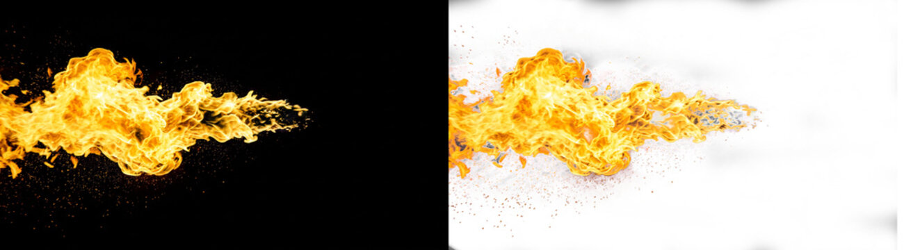 Dynamic orange and yellow fire stream on black and white backgrounds, isolated flame element for visual effects, energy, and power concepts