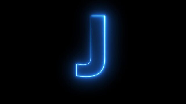 Neon English Capital Letter J text icon animation glowing blue color alphabet seamless smooth footage writing letter word sign symbol on black background