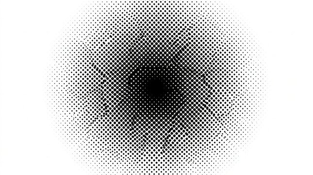 Radial halftone dot pattern in black and white, creating a gradient effect with a fading circle on a clean white background, useful graphic design element texture.