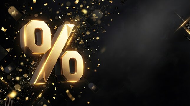 Golden ninety percent discount with glittering particles on a dark background
