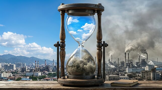 Antique hourglass contrasting clean sky and industrial smoke over city skyline representing environmental time running out