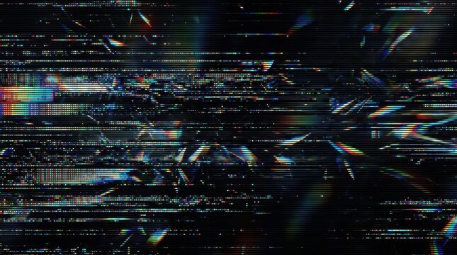 Abstract digital glitch background featuring vibrant pixelated static, horizontal scan lines, and colorful light streaks, creating a distorted, futuristic, and technical visual effect for modern desig