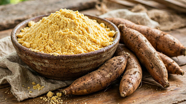 Farinha mandioca Brazilian cassava flour bowl whole cassava roots burlap wood