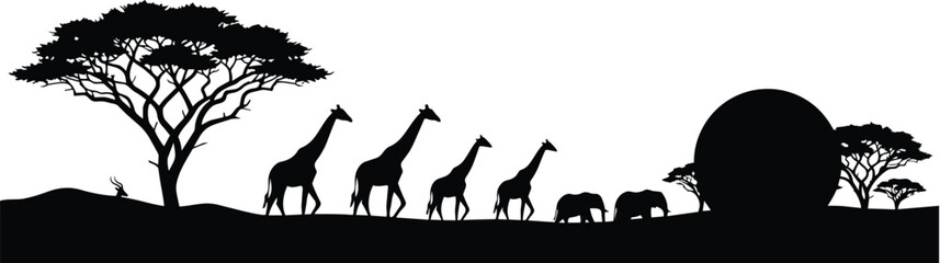 Fototapeta premium African savanna landscape silhouette with giraffes elephants and acacia trees at sunset wildlife park game reserve sunset horizon silhouette giraffes elephants landscape wildlife