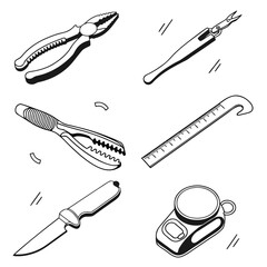 Detailed Fishing Accessories Black and White Vector Line Art © Aiidhen