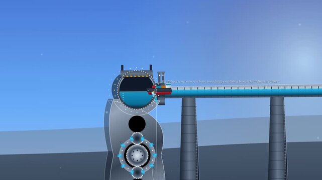 3D animation explaining the mechanics of a rotating boat lift system showing a vessel transferring between canal levels using fluid dynamics and gravitational balance