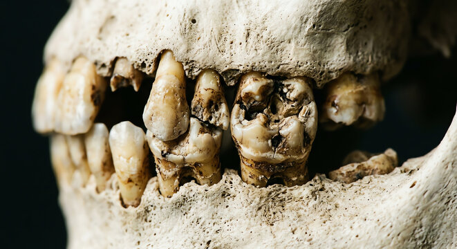 Close-up of decayed human teeth in a skull