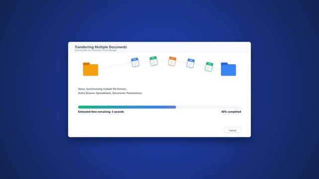 A high-quality 4K motion graphics animation of multiple colored generic document icons (Excel green, Word blue, PPT orange) flying along a smooth curved path from a source folder to a destination fold