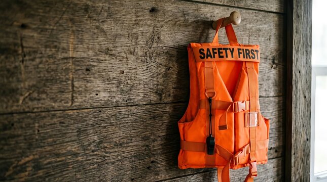 Bright orange life jacket hanging on a wooden peg inside a rustic cabin