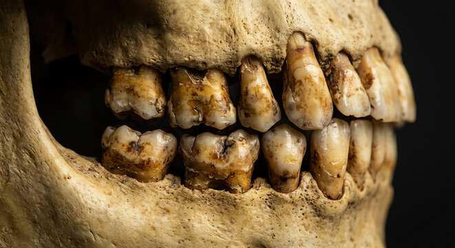 Close-up of human skull teeth, decay and texture detail