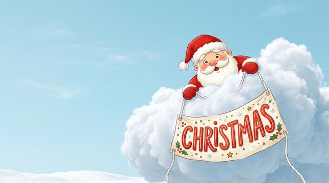 cheerful santa claus holding a red christmas banner emerging from fluffy white clouds in a bright blue sky