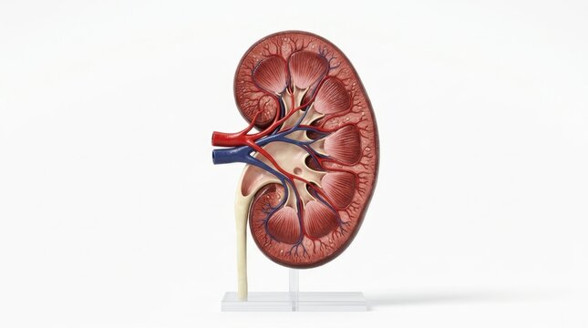 Human kidney anatomical cross-section model, meticulously displaying internal structures including renal cortex, medulla, pyramids, artery, vein, and ureter, centrally positioned on a transparent stan