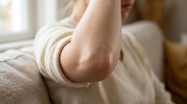 Close up view of a young woman showing her elbow joint indoors