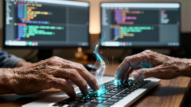 Elderly hands type on glowing keyboard, code streams rise from screens behind.