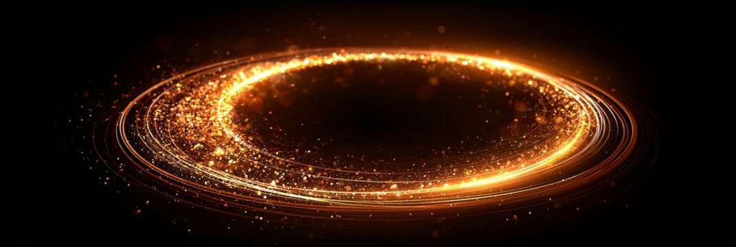Golden glittering particles forming glowing oval frame. Golden glittering particles creating an elegant glowing elliptical vortex on a black background
