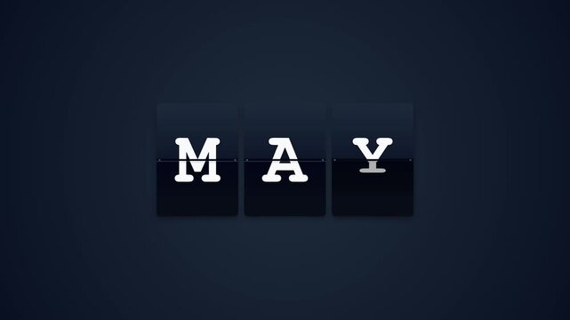 A pristine 4K motion graphics animation of a retro airport-style split-flap display showing 3-letter month abbreviations (JAN to DEC) with perfectly synchronized top and bottom flap mechanics.