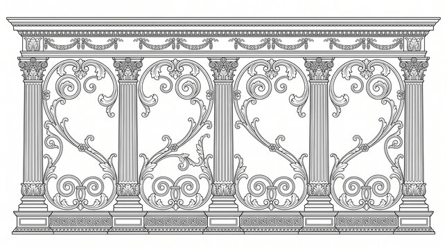 Architectural railing vector drawing. Featuring Corinthian columns and intricate scrollwork panels. Detailed black and white line art design for classic interior decoration projects and blueprints