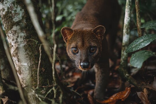 Fossa close-up: Madagascar's elusive carnivore peers from its habitat. Wildlife and biodiversity of the region showcased