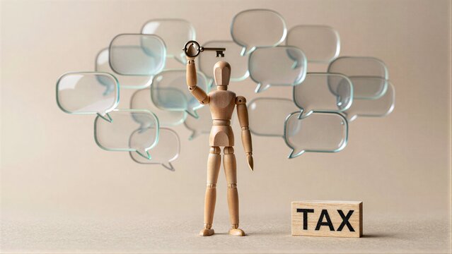 Wooden figure holds key, surrounded by speech bubbles near TAX block.