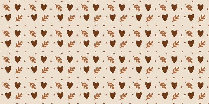 Seamless autumn pattern with brown hearts, leaves and dots on beige background. Boho aesthetic vector pattern for wrapping paper, fabric, wallpaper, packaging and textile design.