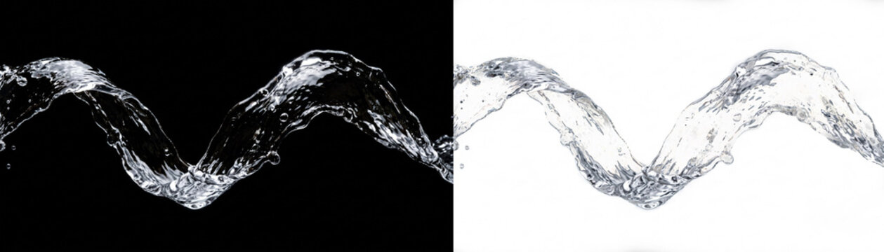 Dynamic water stream in a wavy shape, isolated on a split black and white background, showcasing motion and fluidity, ideal for abstract or conceptual designs