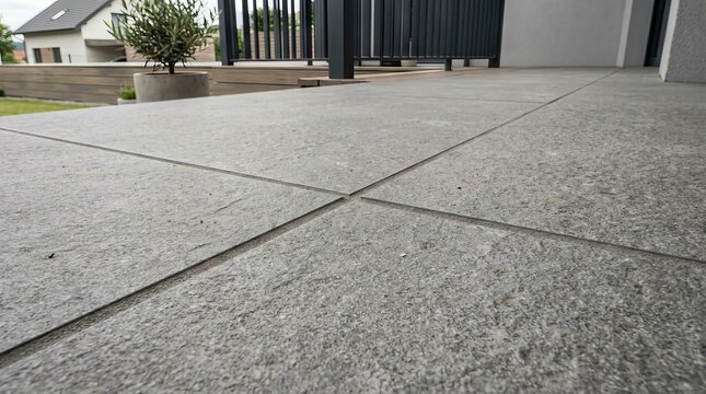 Low angle view of large grey stone tiles on an outdoor patio floor near a modern residential building