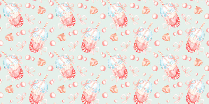Cocktail with straw, ribbons and candies, seamless watercolor pattern on blue background. Design for birthday cards, invitations, wrapping paper, textile, stationery and packaging.