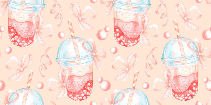 Cocktail with straw, pink ribbons and bows, seamless watercolor pattern on peach background. Decorative design for party invitations, birthday cards, textile prints and packaging.