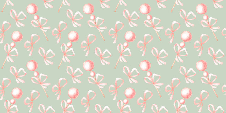 Lollipops on sticks with bows, seamless watercolor pattern on mint green background. Sweet candy design for birthday wrapping paper, party decor, textile prints and stationery.