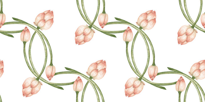 Lotus buds in a watercolor pattern, isolated from background. Botanical design for stationery, packaging, fabric, wallpaper, invitations and scrapbooking.
