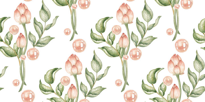 Lotus buds, pearls and leafy green branches in a watercolor pattern, isolated from background. Elegant botanical design for fabric, stationery, packaging and wedding decor.