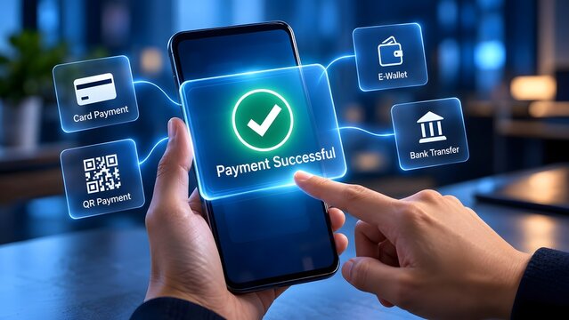 Successful digital payment transaction on smartphone screen with holographic icons for various online banking methods.